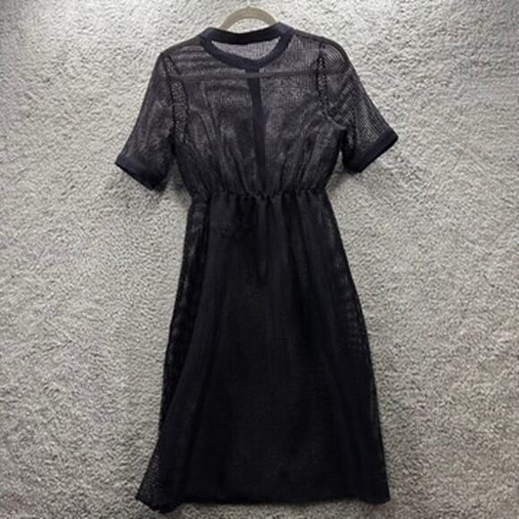 Lili Sidonio Medium Dark Blue Mesh Dress Short Sleeves Elastic Waistband - Picture 7 of 8